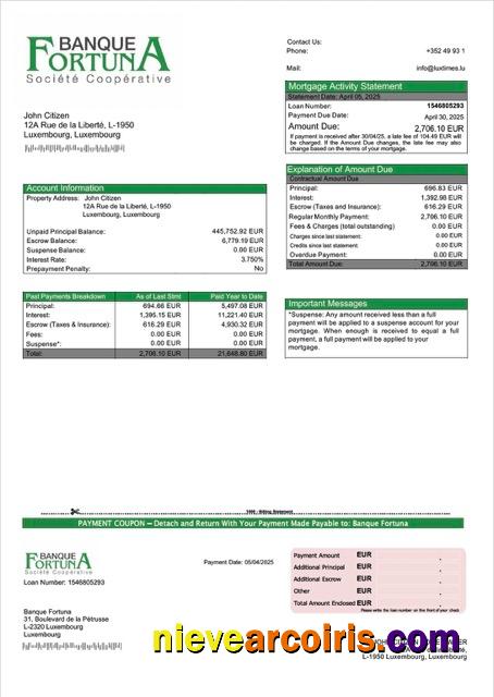 Luxembourg Banque Fortuna mortgage statement Word and PDF template